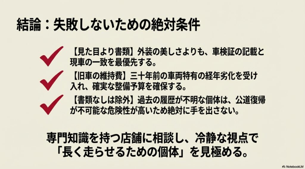 結論：失敗しないための絶対条件（見た目より書類、旧車の維持費、書類なしは除外）