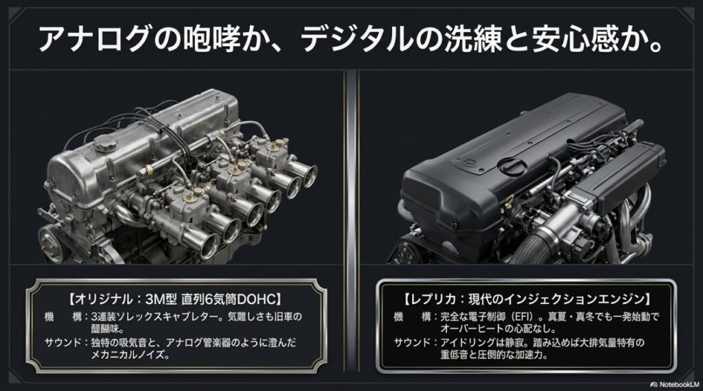 トヨタ2000GTのエンジンの違い。オリジナルの3M型直列6気筒DOHCと、レプリカの現代のインジェクションエンジンの機構・サウンド比較