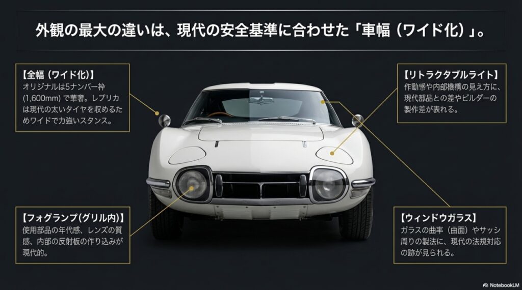 トヨタ2000GTの外装の違い。全幅のワイド化、リトラクタブルライト、フォグランプ、ウィンドウガラスの比較ポイント