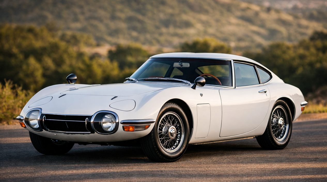 白いトヨタ2000GT風クラシックスポーツカーを斜め前方から捉えた16対9画像