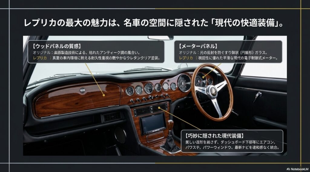 トヨタ2000GTの内装の違い。ウッドパネルの質感、メーターパネル、巧妙に隠されたエアコンやナビなどの現代装備