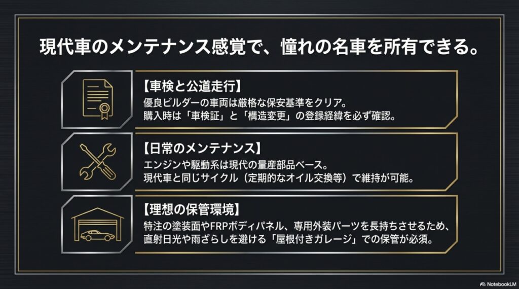 トヨタ2000GTレプリカの車検と公道走行、日常のメンテナンス、理想の保管環境に関する所有ガイド