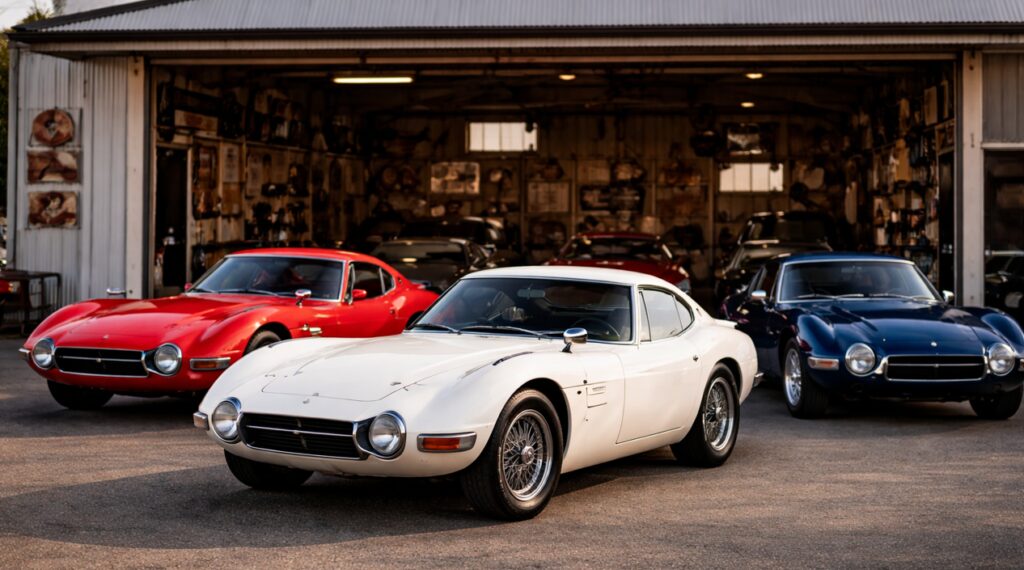 ガレージ前に並ぶトヨタ2000GT風レプリカ3台を写した16対9画像
