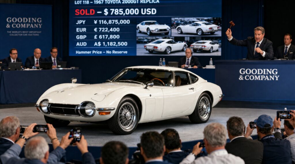 オークション会場で高額取引されるトヨタ2000GT風クラシックカーを写した16対9画像