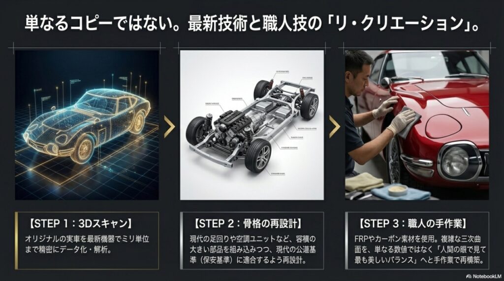 3Dスキャン、骨格の再設計、職人の手作業によるトヨタ2000GTレプリカの3つの製作工程
