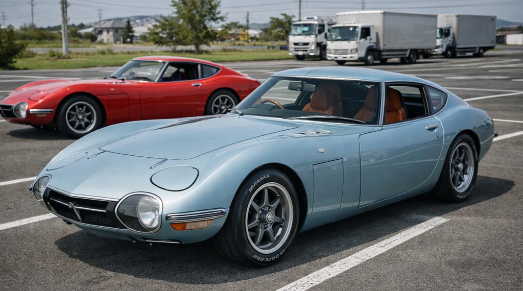 駐車場に並ぶトヨタ2000GT風レプリカ2台を写した16対9画像