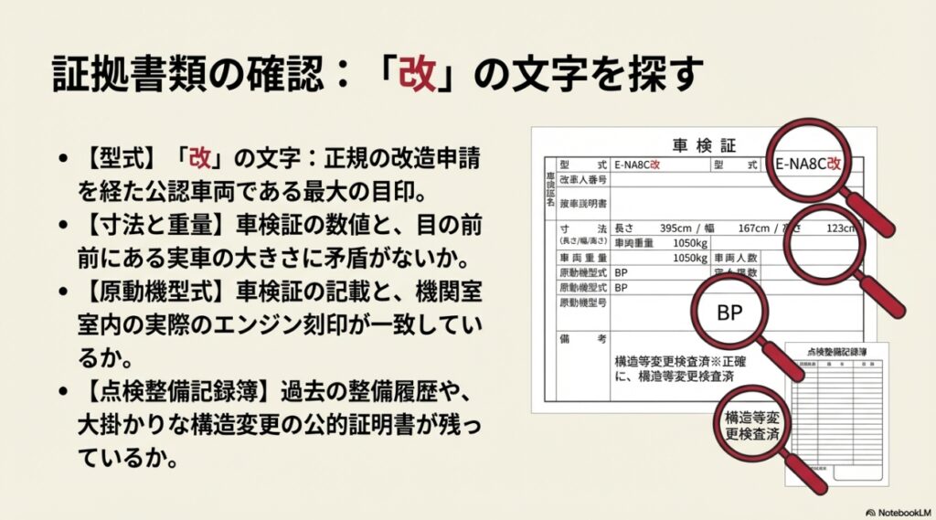 車検証の確認ポイント「改」の文字と寸法・原動機型式の照合