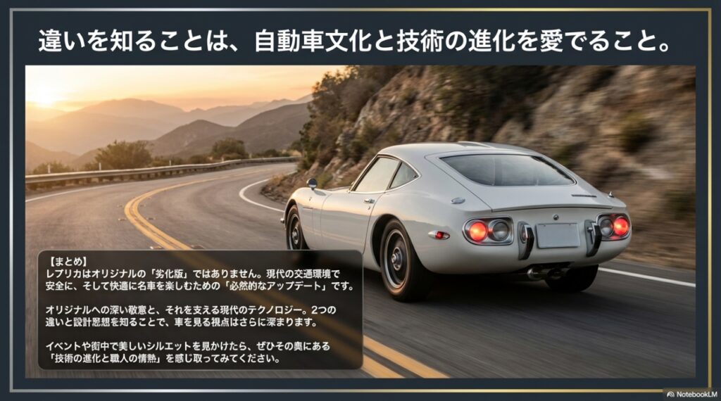 違いを知ることは自動車文化の進化を愛でること。オリジナルへの敬意と現代テクノロジーのまとめ