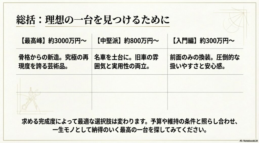 トヨタ2000GTレプリカの理想の一台を見つけるための総括表。最高峰（約3000万円〜）、中堅派（約800万円〜）、入門編（約300万円〜）の比較