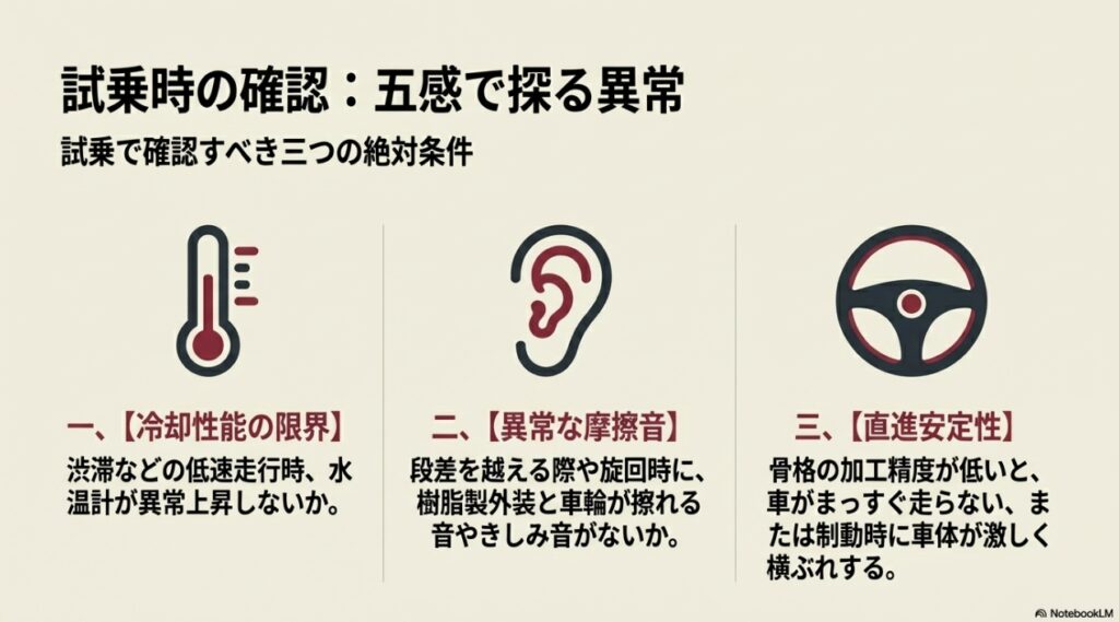 試乗時の確認：五感で探る異常（冷却性能・摩擦音・直進安定性）