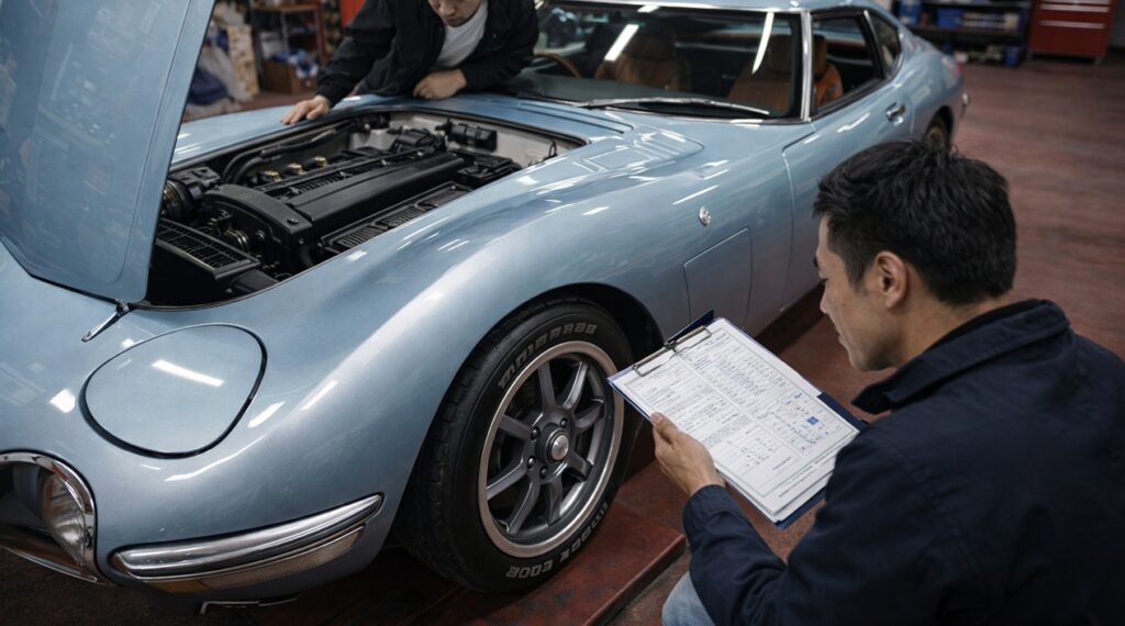 ガレージ内でトヨタ2000GT風レプリカのエンジンや書類を確認している16対9画像