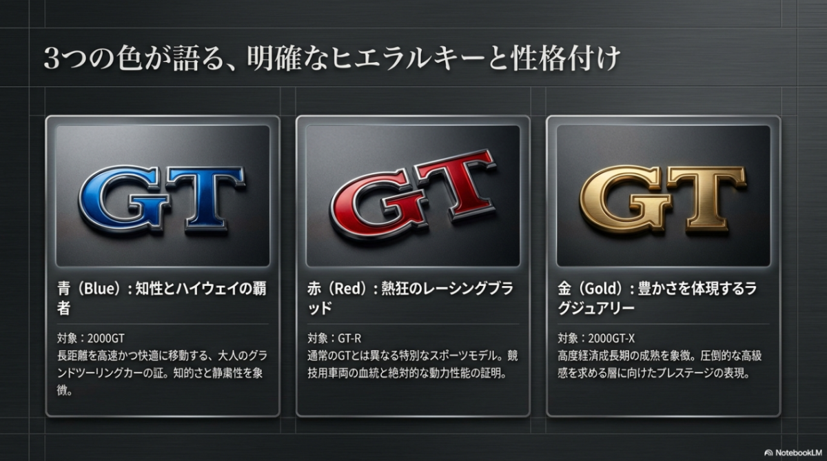 青の2000GT、赤のGT-R、金の2000GT-Xの各GTバッジが持つ明確なヒエラルキーと性格付け