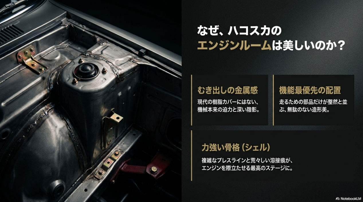 ハコスカのエンジンルームが美しい理由として、むき出しの金属感、機能最優先の配置、力強い骨格を解説したスライド