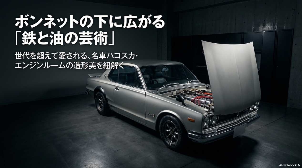 ボンネットの下に広がる鉄と油の芸術と題した、世代を超えて愛される名車ハコスカのエンジンルームの造形美を紐解くスライド