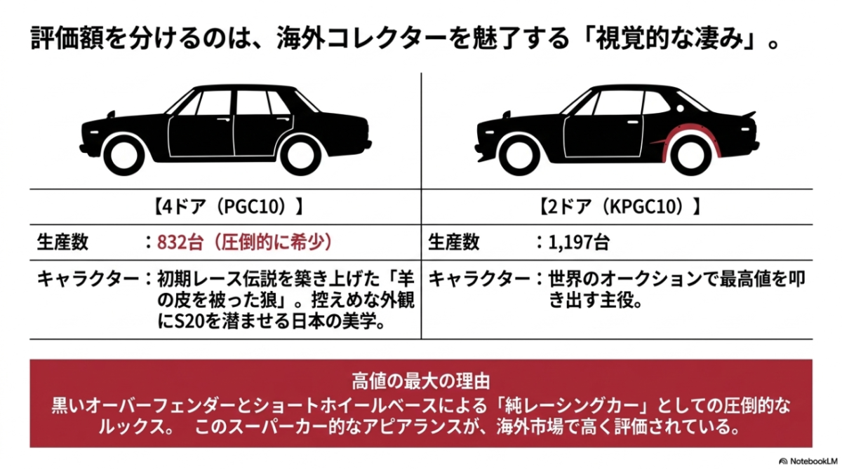4ドア（PGC10）と2ドア（KPGC10）のシルエット比較と、オーバーフェンダー等による評価額の違いの解説