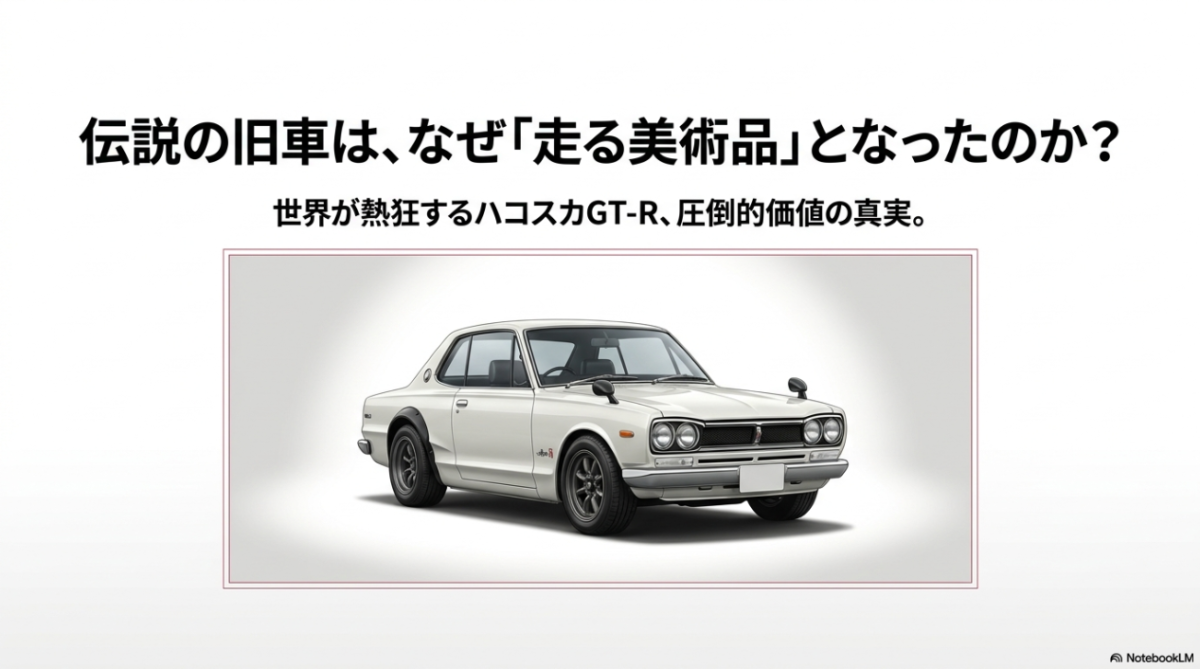 白いハコスカGT-R（KPGC10）のフロントビューと「伝説の旧車は、なぜ走る美術品となったのか？」というタイトル