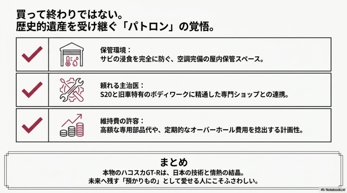 ハコスカGT-Rを維持するための保管環境、頼れる主治医、維持費の許容といったパトロンの覚悟の解説
