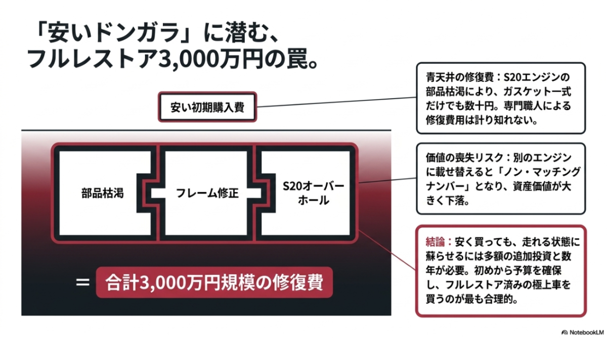 安いドンガラ個体の部品枯渇やS20オーバーホール等により合計3,000万円規模の修復費がかかる罠を図解したフローチャート