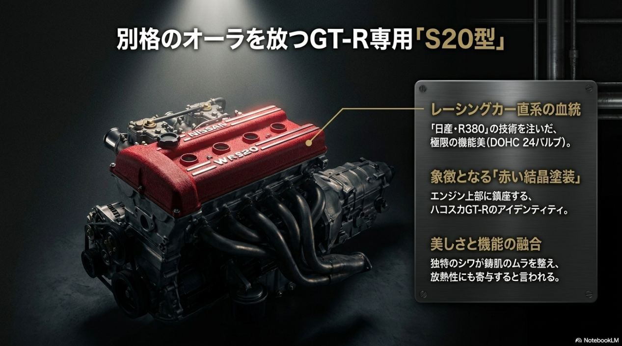 GT-R専用S20型エンジンのレーシングカー直系の血統や、放熱性に寄与する赤い結晶塗装による美しさと機能の融合を解説したスライド