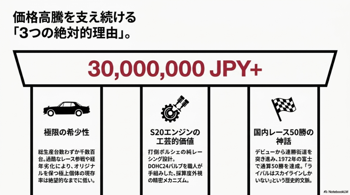 ハコスカGT-Rの価格高騰を支える極限の希少性、S20エンジンの工芸的価値、国内レース50勝の神話の3つの理由