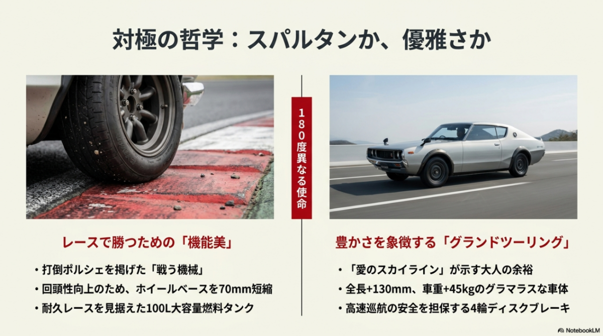 レースで勝つための機能美を求めたハコスカと、グランドツーリングを象徴するケンメリの開発コンセプトの違い