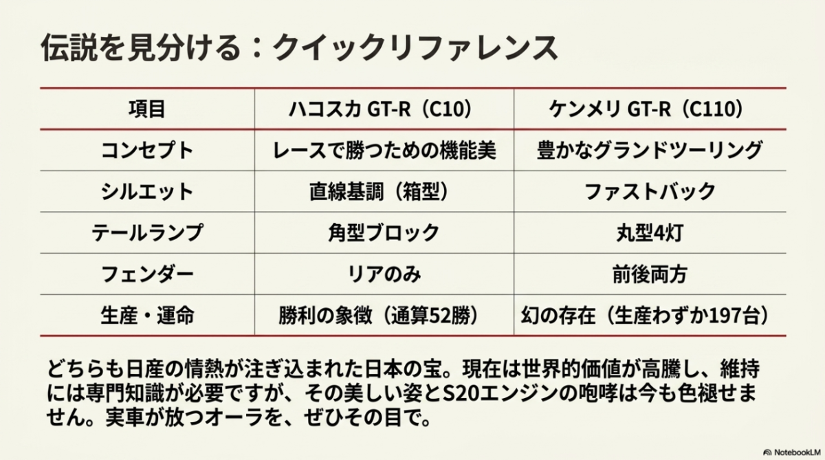 ハコスカとケンメリのコンセプト、シルエット、テールランプ、フェンダー、生産台数の違いをまとめた比較表