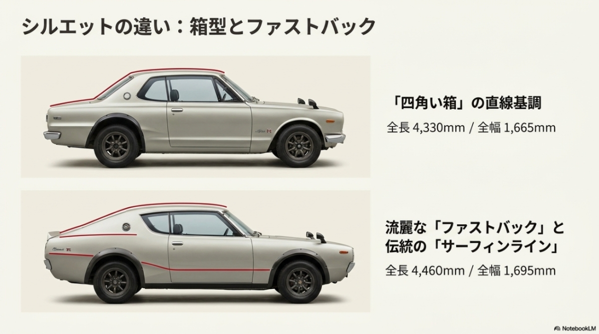 四角い箱型のハコスカと、流麗なファストバックのケンメリのサイドシルエット比較