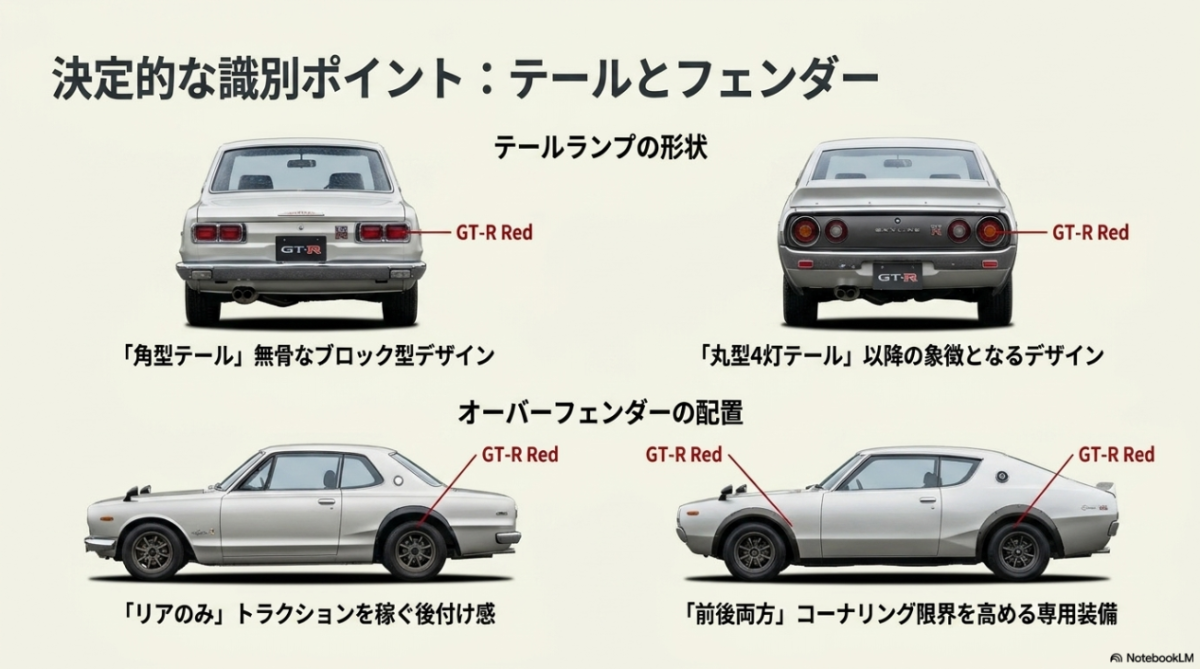 ハコスカの角型テール・リアのみフェンダーと、ケンメリの丸型4灯テール・前後フェンダーの外観比較