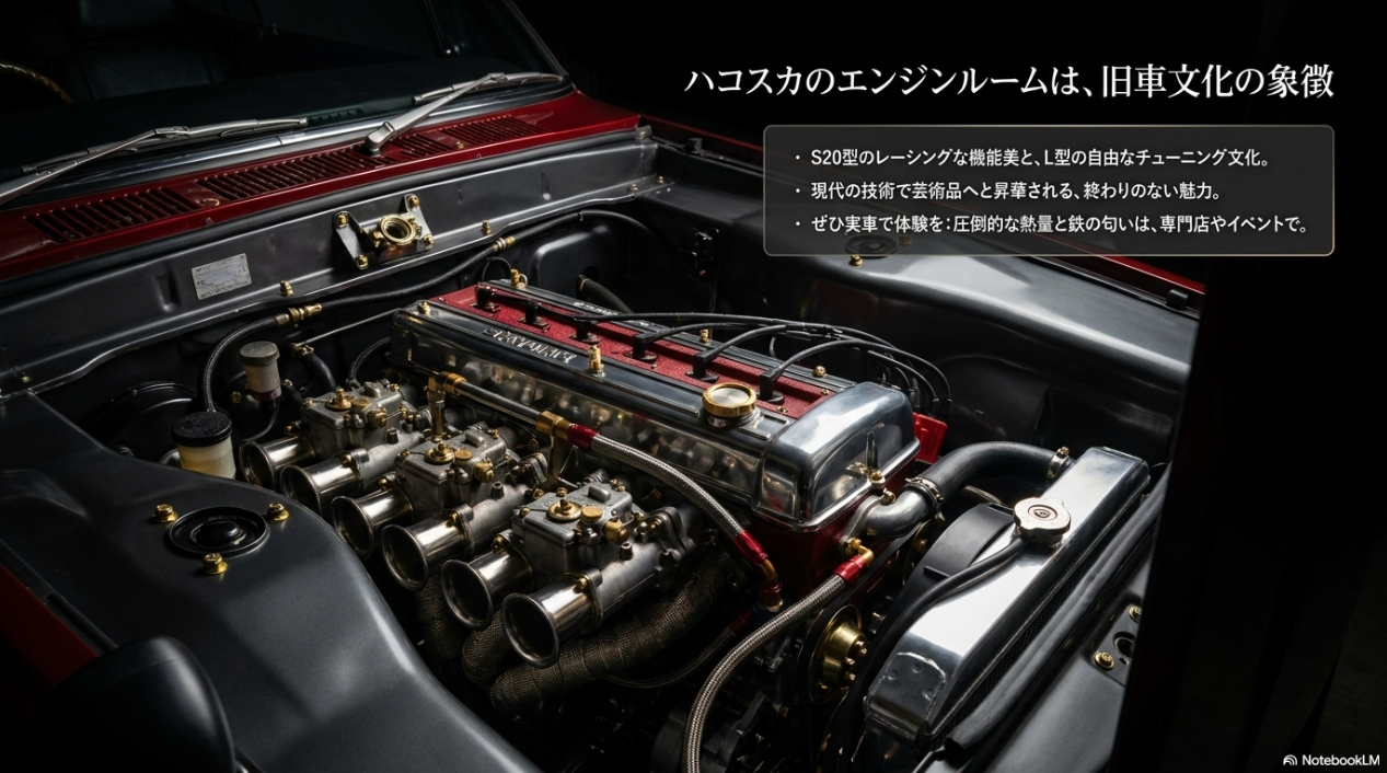 S20型の機能美やL型のチューニング文化など、旧車文化の象徴であるハコスカのエンジンルームの魅力をまとめたスライド
