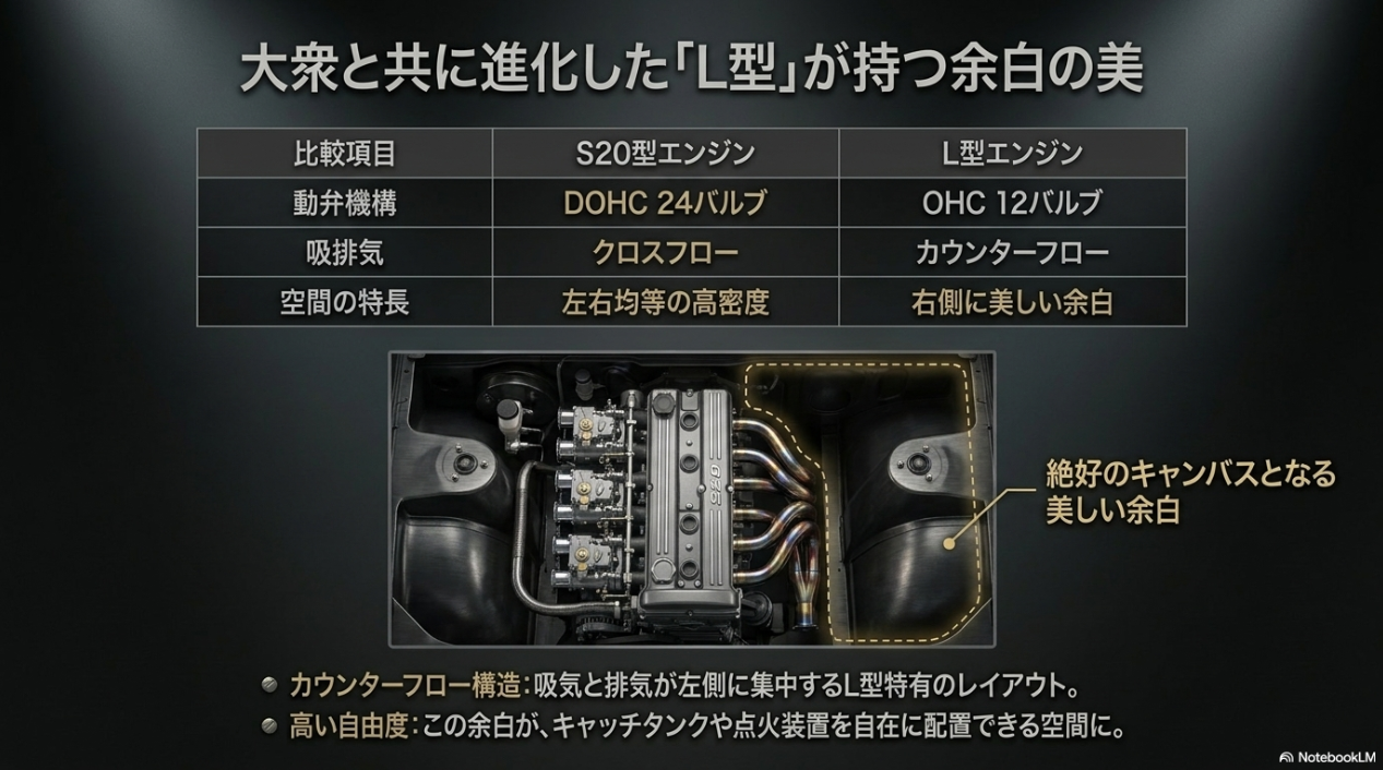 S20型とL型エンジンの比較表と、カウンターフロー構造が生み出すL型特有の美しい余白を解説したスライド