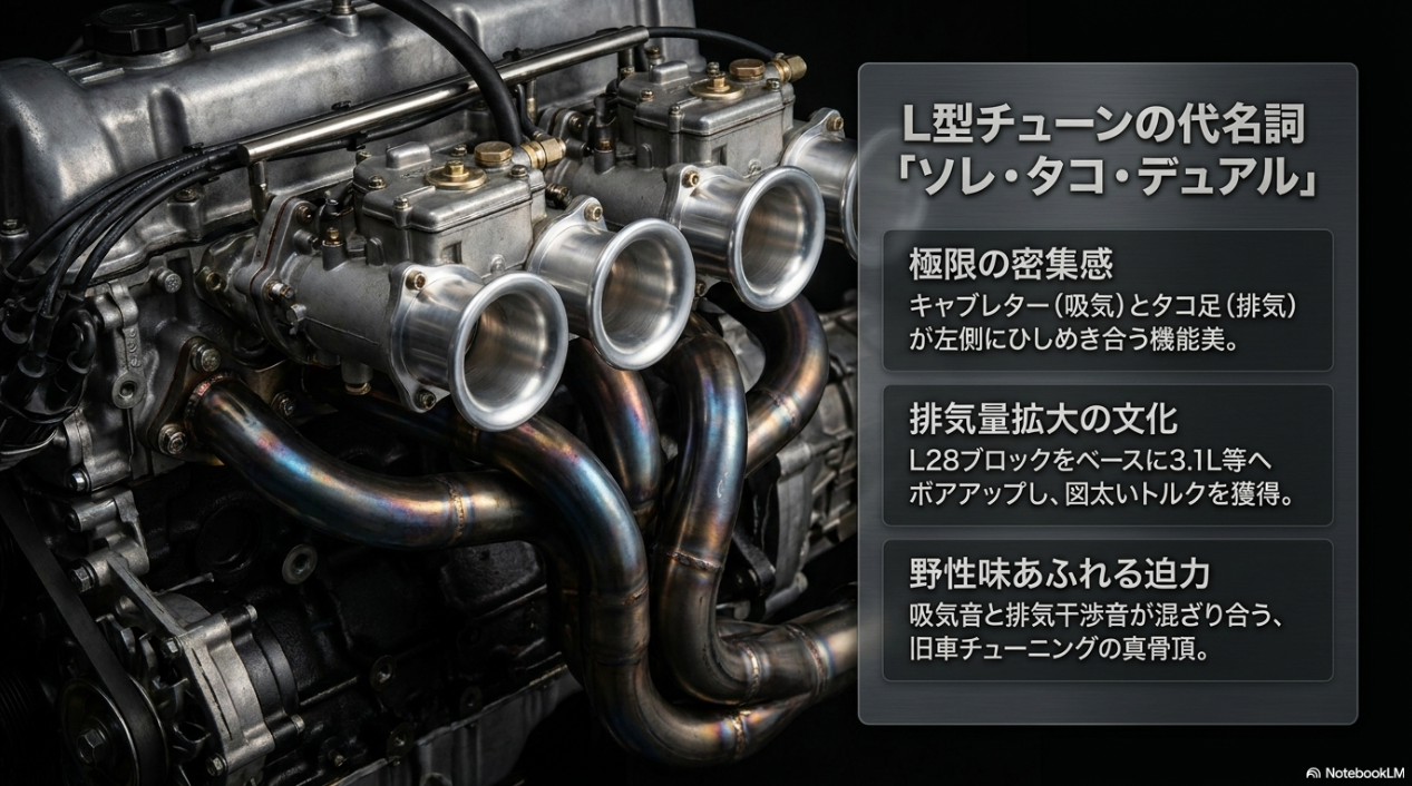 キャブレターとタコ足が左側にひしめき合う極限の密集感や、排気量拡大の文化など、ソレ・タコ・デュアルの迫力を解説したスライド