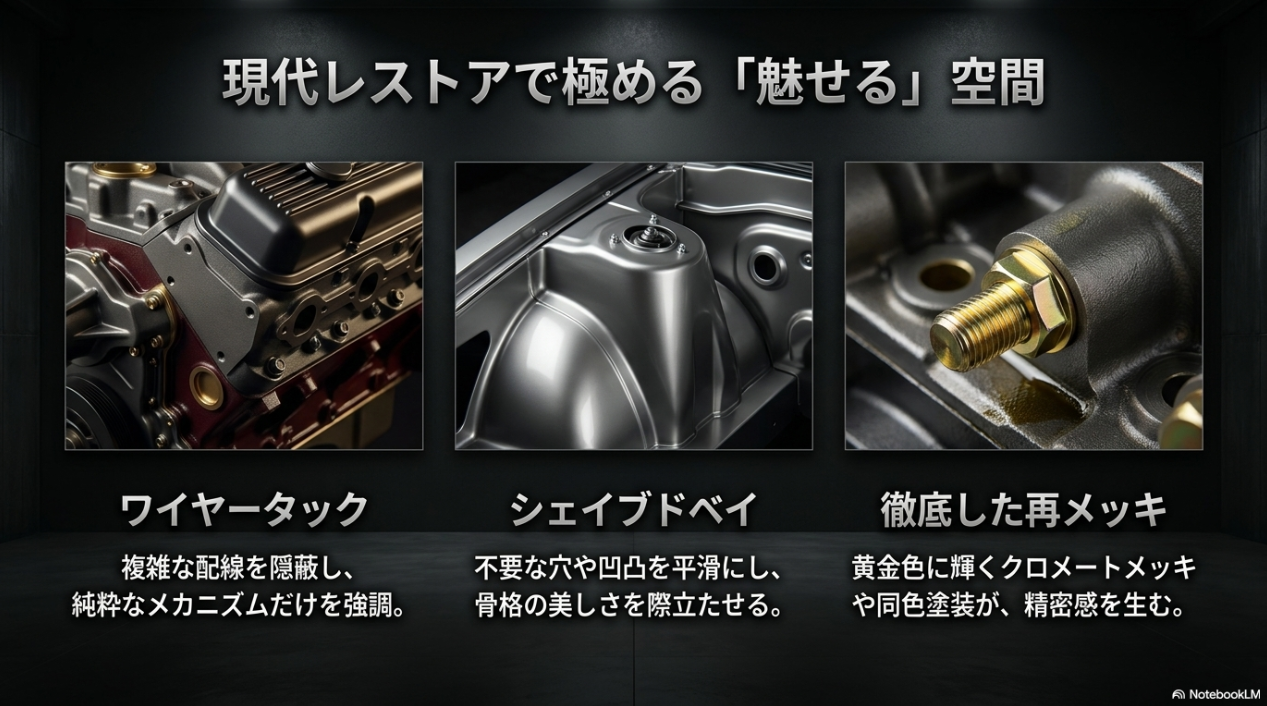 ワイヤータック、シェイブドベイ、徹底した再メッキなど、現代レストアで魅せる空間を作る技術を解説したスライド