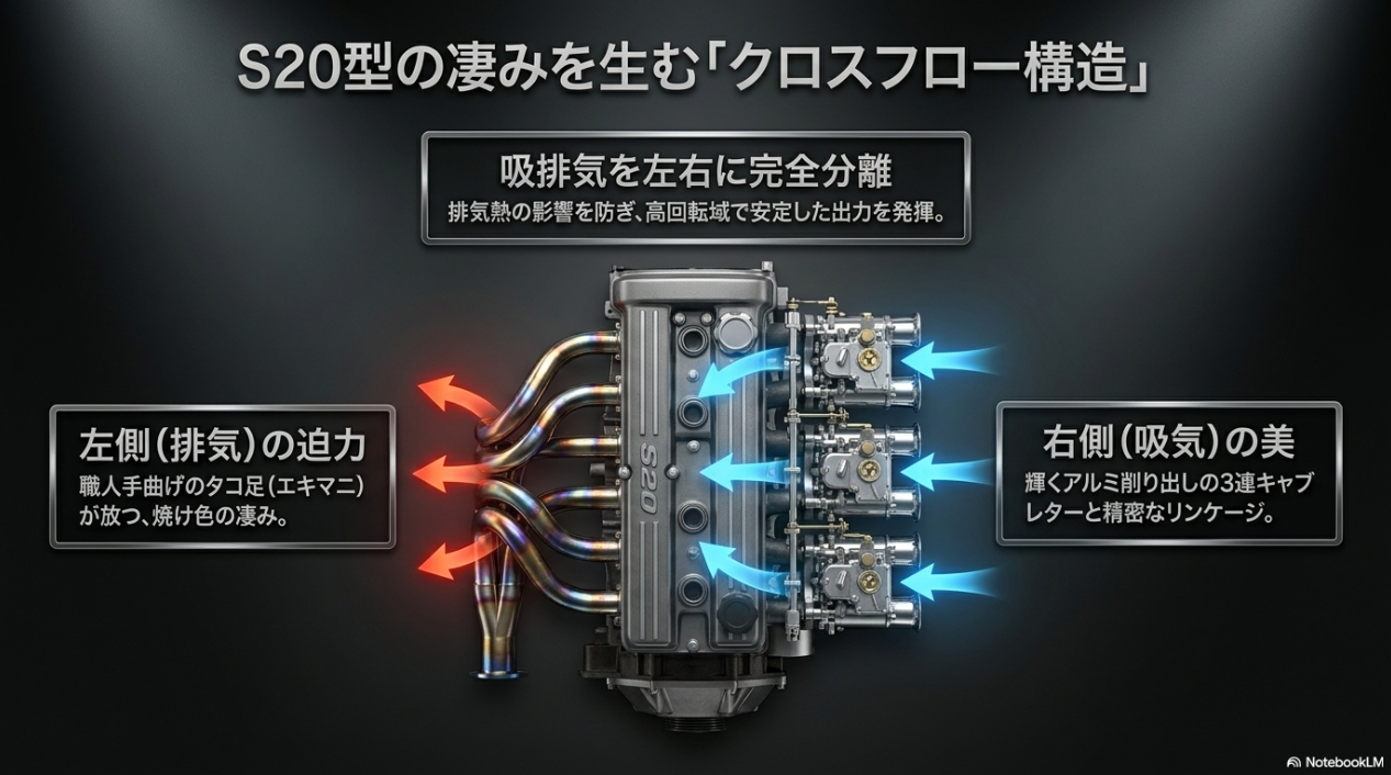 S20型の吸排気を左右に完全分離するクロスフロー構造や、左側のタコ足の迫力、右側の3連キャブレターの美しさを解説したスライド