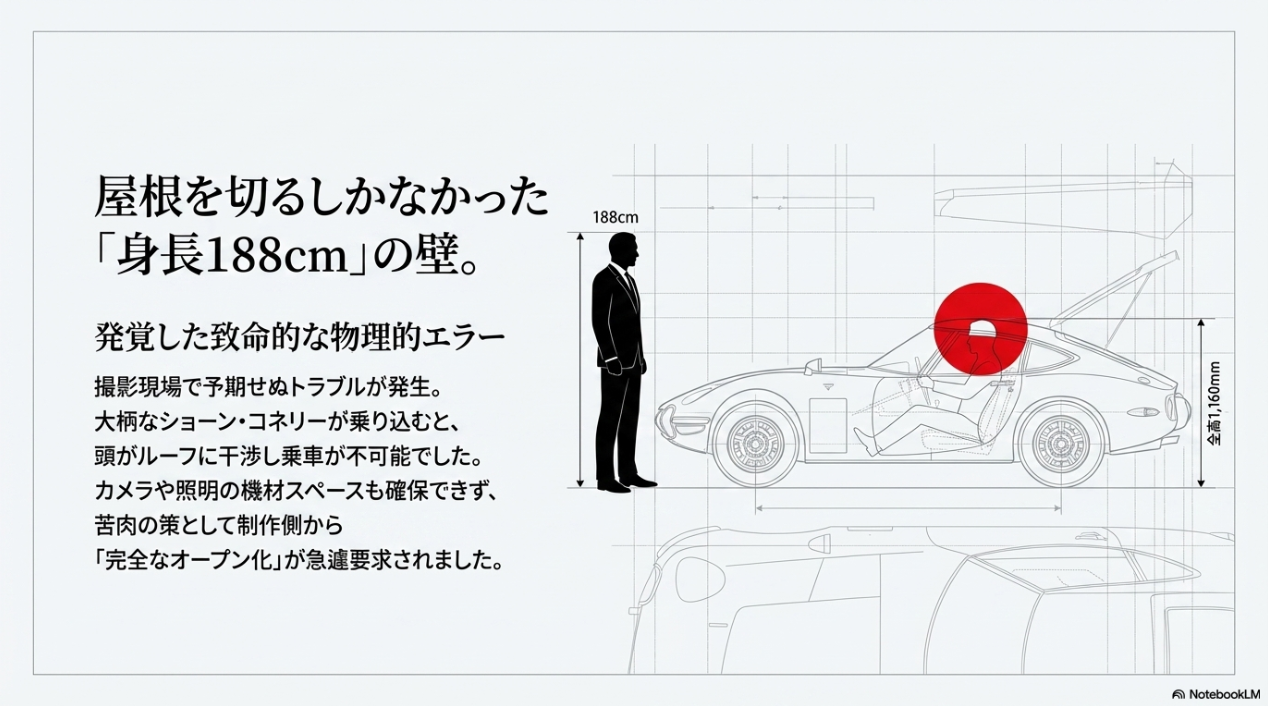 ショーン・コネリーの身長188cmとトヨタ2000GTの全高1160mmの比較図