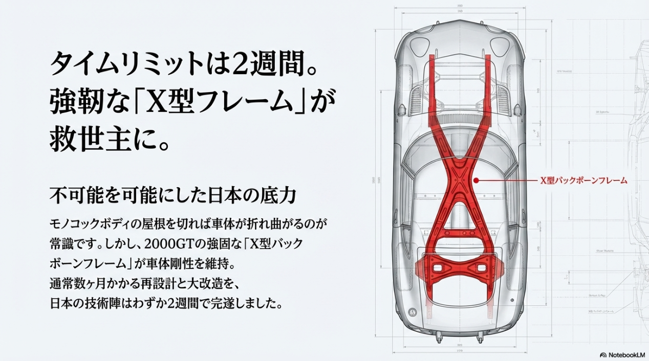 わずか2週間のオープン化を支えたトヨタ2000GTの強靭なX型バックボーンフレーム構造