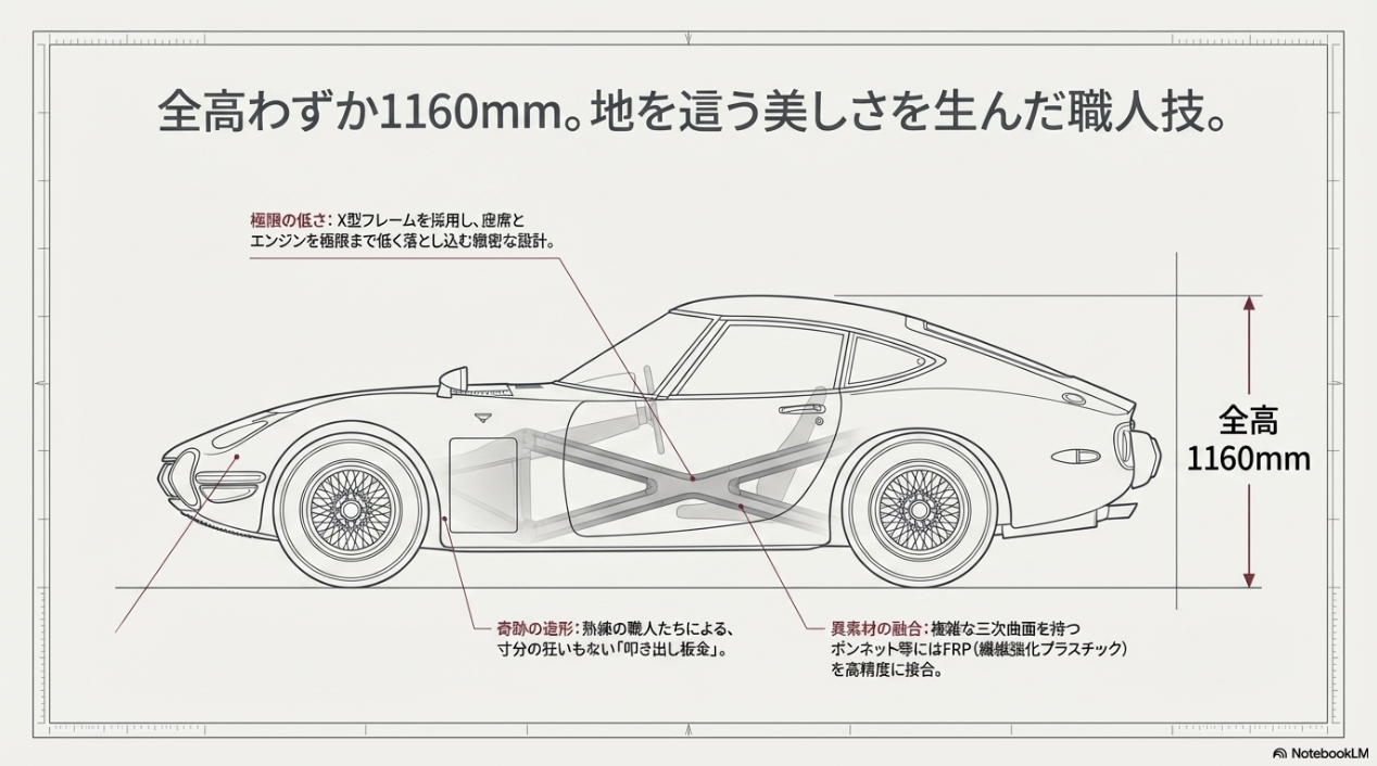トヨタ2000GTの側面透視図。全高1160mmを実現するX型バックボーンフレームと、熟練の職人による叩き出し板金、FRP素材の構造解説