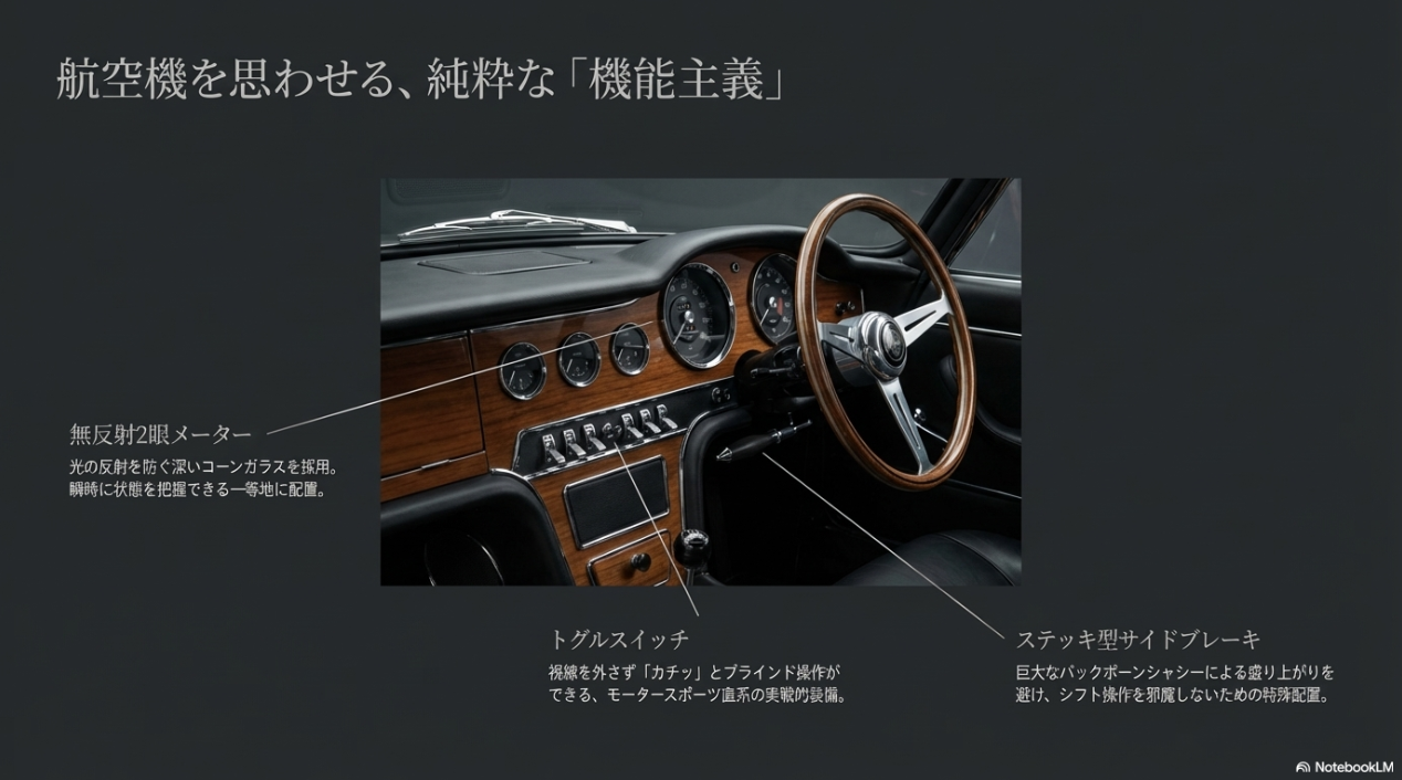 無反射2眼メーター、トグルスイッチ、ステッキ型サイドブレーキの配置を解説した、航空機を思わせる純粋な機能主義のウッドパネルダッシュボード