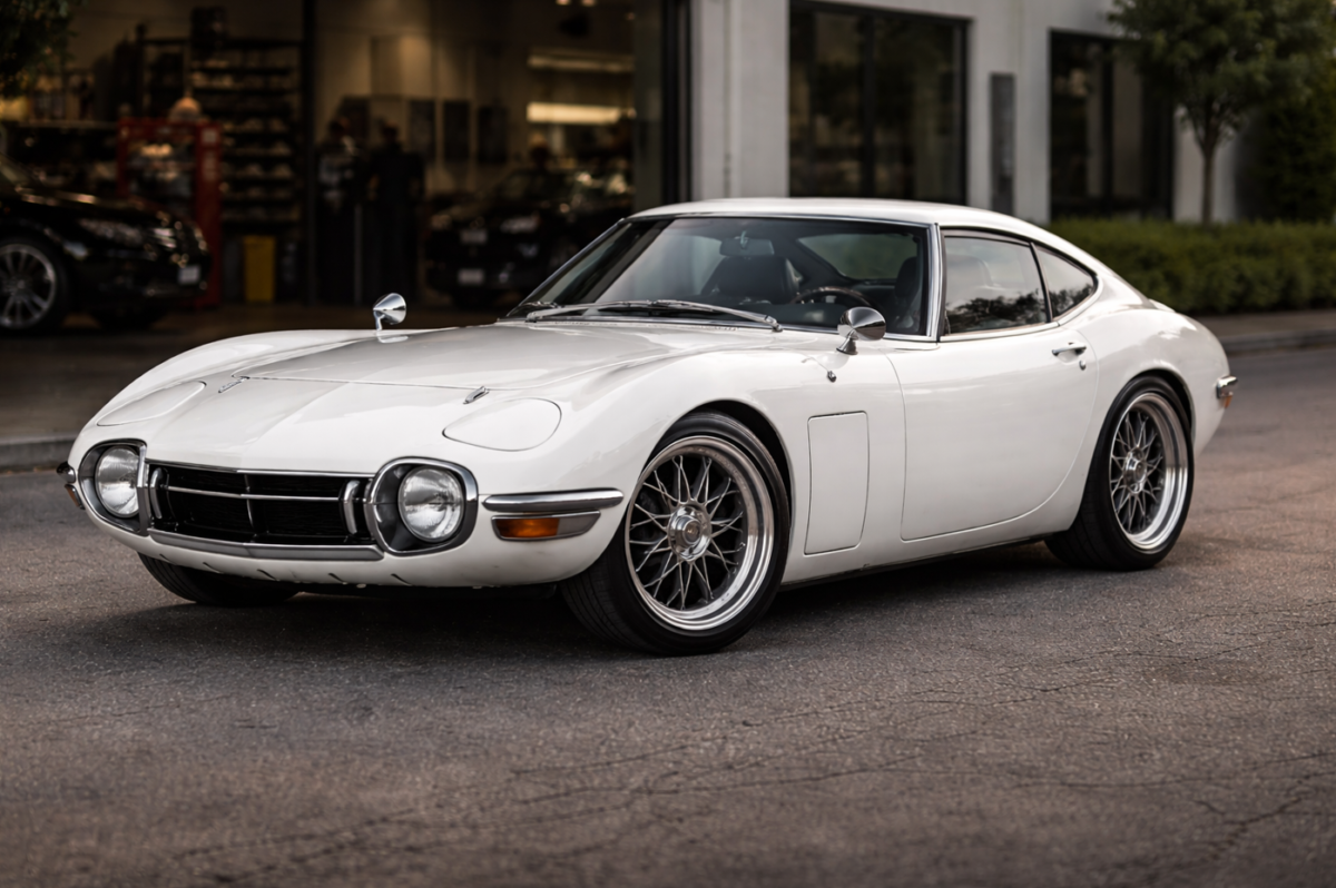 トヨタ2000GTに着想を得た白いレストモッド車を、専門ワークショップの前で前方寄りの3/4アングルから捉えた写真。クラシックな流麗さを残しつつ、精密なボディの仕上がり、引き締まった車高、洗練されたホイールが現代的な完成度を感じさせ、背景の工房空間はやわらかくぼけている。