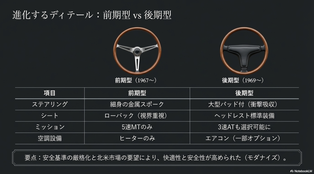 トヨタ2000GTの前期型の細身金属スポークと後期型の大型パッド付きステアリングの比較画像、およびシートやミッションなどの仕様変更一覧
