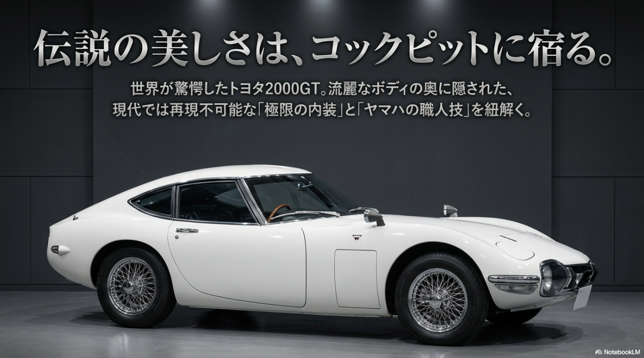 トヨタ2000GTの流麗なボディの奥に隠された、現代では再現不可能な極限の内装とヤマハの職人技を解説するタイトルスライド