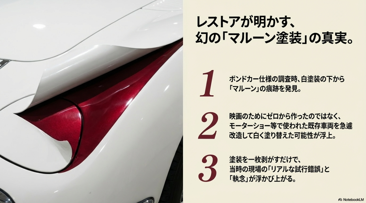レストアの調査によって白塗装の下から発見されたマルーン塗装の痕跡と、ボンドカー仕様へ急遽改造された現場の試行錯誤の歴史