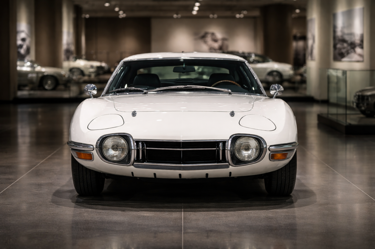 現代的な自動車ミュージアムの展示空間に置かれた白いトヨタ2000GTを、正面中央から捉えた写真。磨かれた床に車体がやわらかく反射し、落ち着いた室内照明の中で、クラシックカーの美しい塗装やクロームの質感、端正なプロポーションが際立っている。