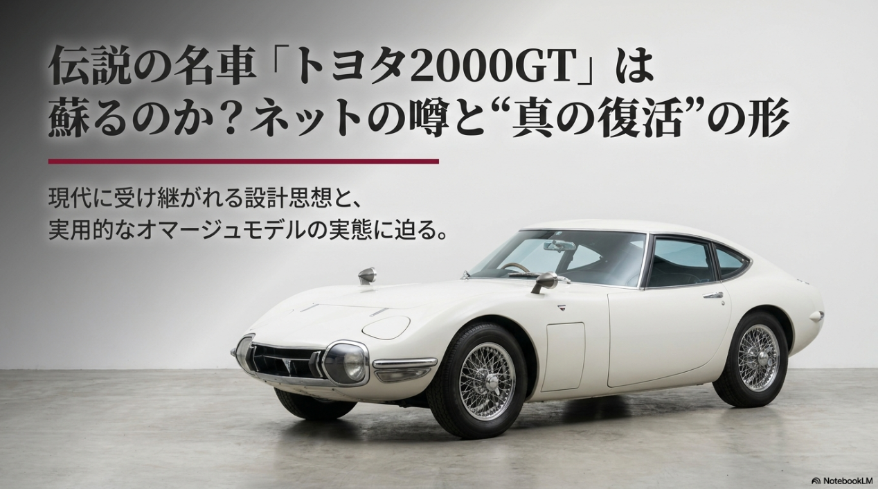 トヨタ2000GTの新型復活に関する噂の真実と実態を解説するスライドの表紙