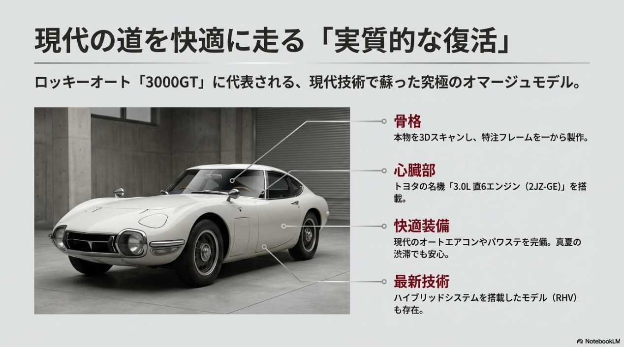 GRヘリテージパーツやロッキーオートによるトヨタ2000GTの実質的な復活アプローチをまとめたスライド