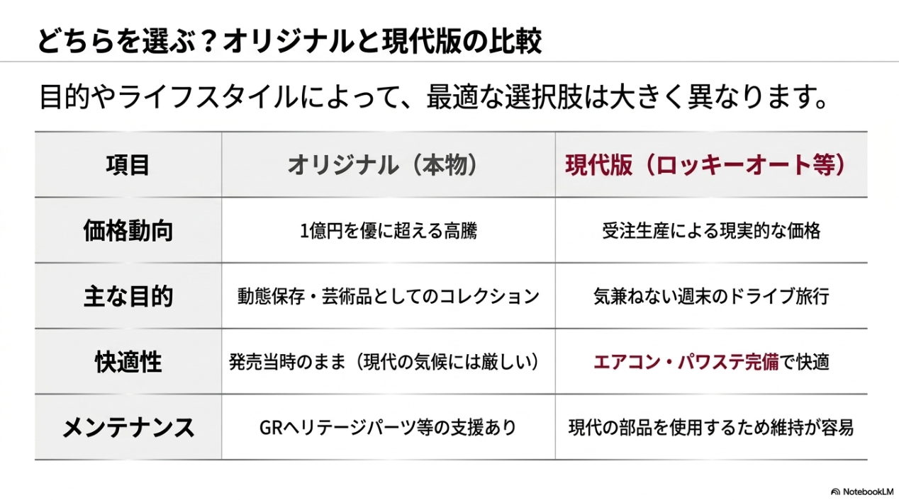 車名復活、思想継承、実用的オマージュというトヨタ2000GT復活の3つの未来予想図を示したスライド