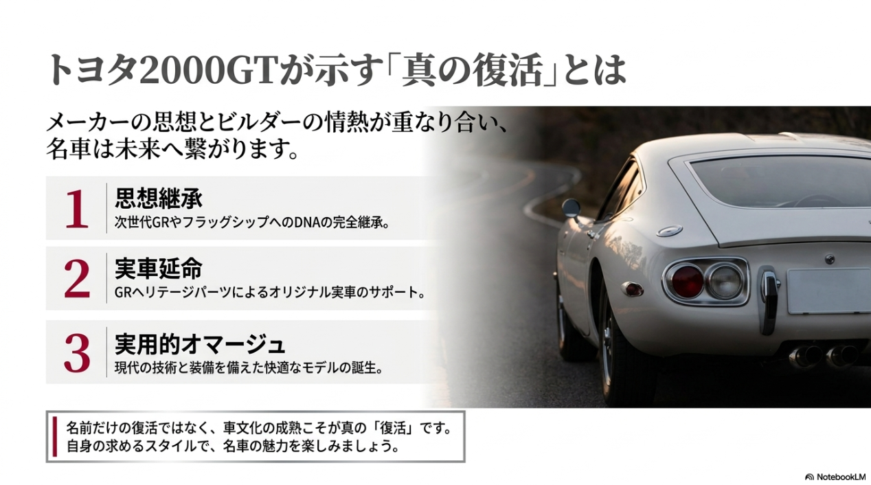 トヨタ2000GTの新型復活に関する要点と結論をまとめた総括スライド