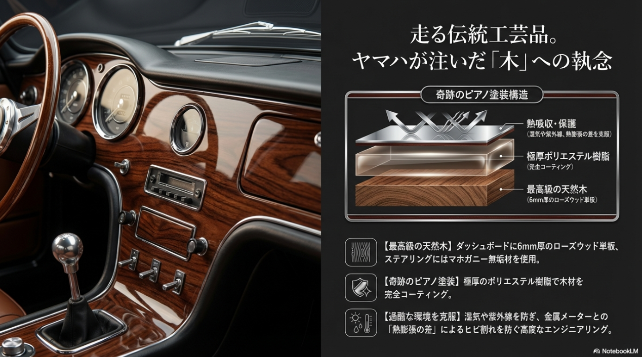 6mm厚のローズウッド単板の上に極厚ポリエステル樹脂をコーティングし、湿気や紫外線からの保護と熱膨張の差を克服したトヨタ2000GTのピアノ塗装構造図