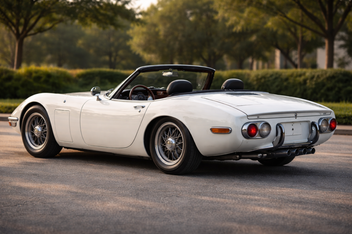 白いトヨタ2000GTロードスターを後方3/4アングルから捉えた写真。オープントップのキャビン、なだらかなリアデッキ、低い車高と流れるようなボディラインが際立ち、自然光の中で特別仕様車らしい優雅なシルエットが表現されている。