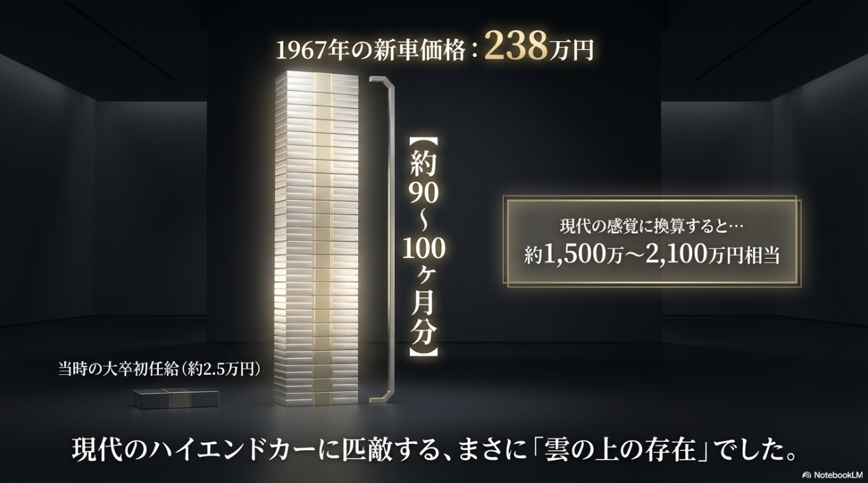 1967年の新車価格238万円を当時の大卒初任給で換算した約90から100ヶ月分を示すタワー状のグラフ