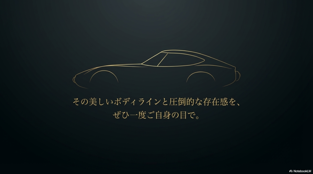 トヨタ2000GTの美しいボディラインのシルエットと、ぜひ一度ご自身の目でというメッセージ